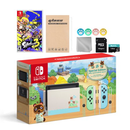 Nintendo Switch Animal Crossing Limited Edition 32GB Console Bundle with Splatoon 3 Game, Mytrix 128GB Micro-SD Card and Accessories- the Most Popular Game