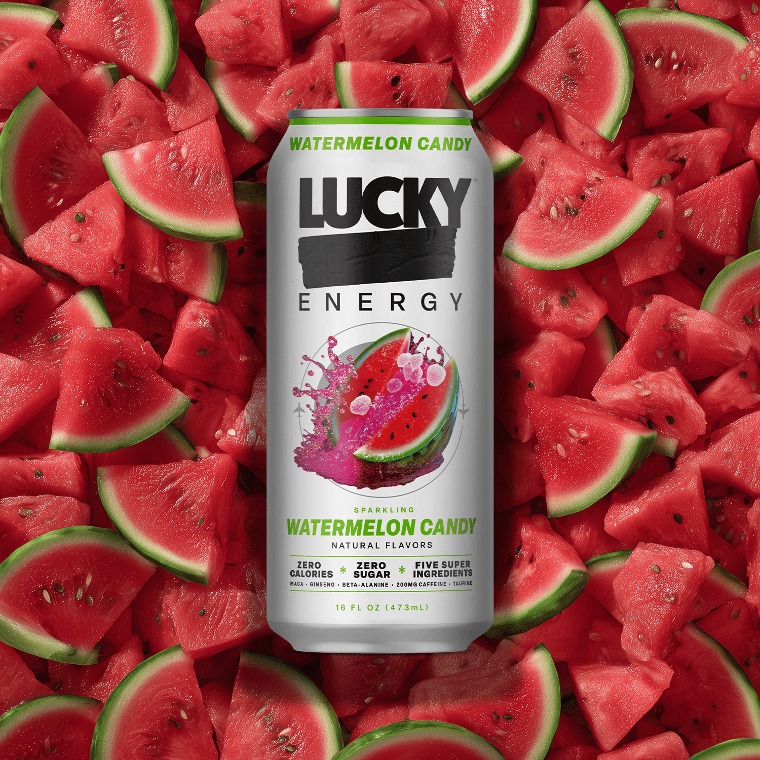 Lucky Energy Sugar Free Energy Drinks 16 fl oz Can, Watermelon Candy with Maca, Ginseng, Taurine, Beta-Alanine, 200mg Caffeine, Zero Calories