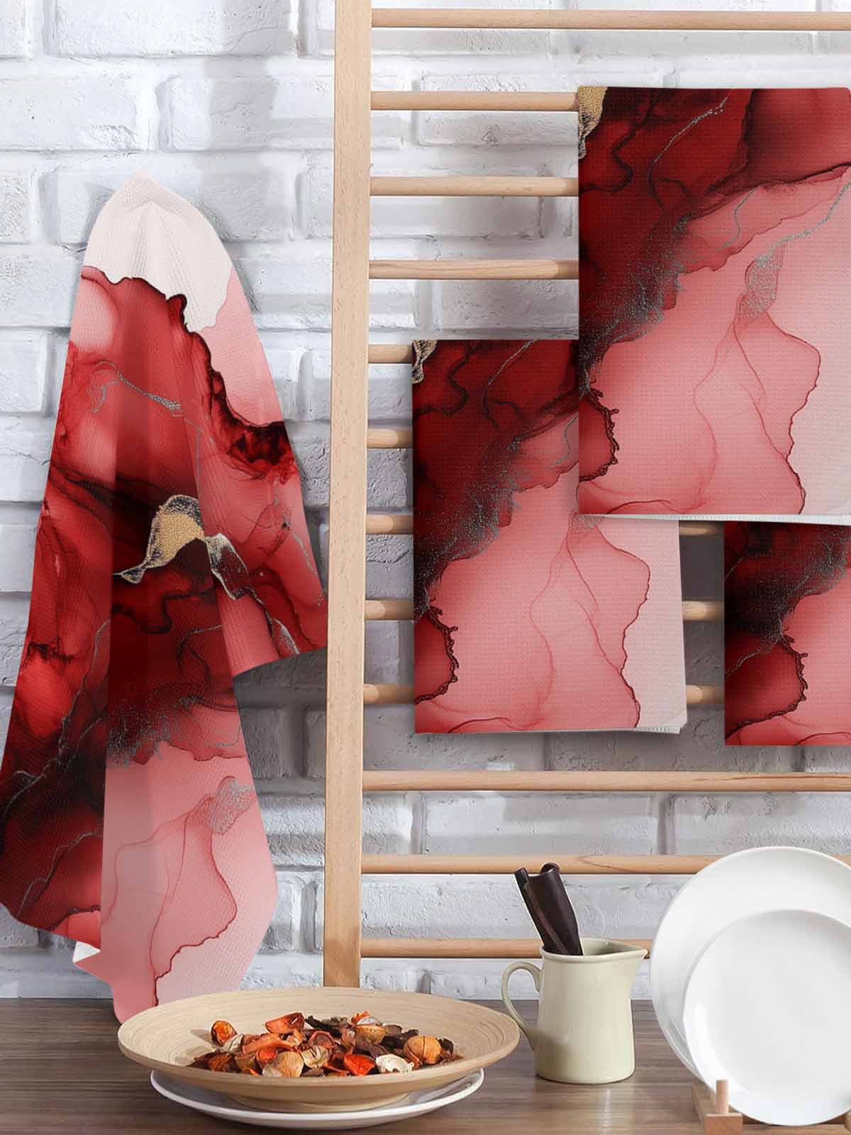 Red Marble Kitchen Dish Towels for Drying Dishes Set of 2, Modern Ombre Abstract Ink Painting Art Waffle Weave Microfiber Hand Tea Bathroom Towels Quick Dry & Absorbent Towel 15.7x23.6