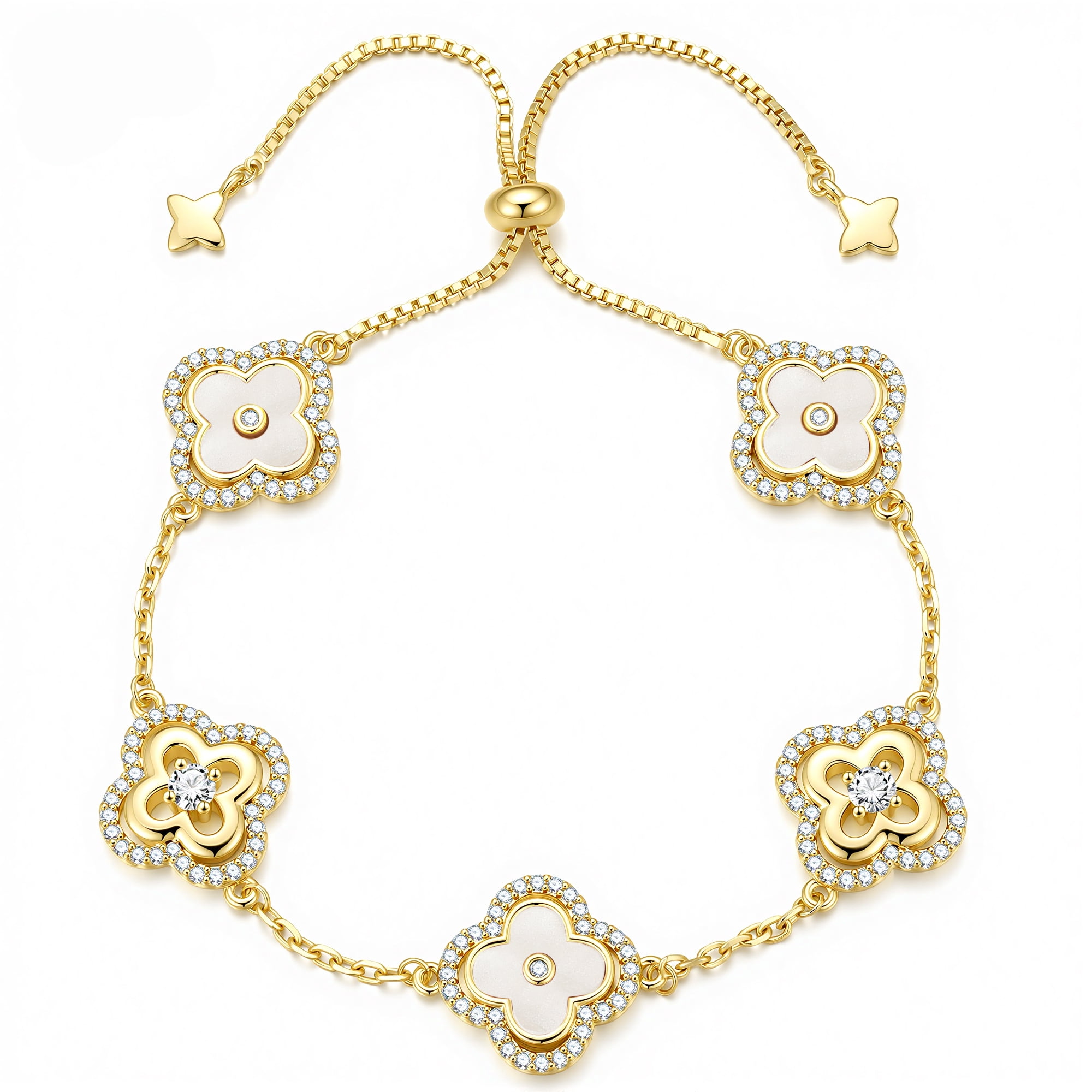 Turandoss Clover Bracelets for Women Dainty 14K Gold Plated CZ Pendant Bracelets White Four Leaf Clover Pendant Bracelet Lucky White Charm bracelets Lucky Jewelry Gifts for Women