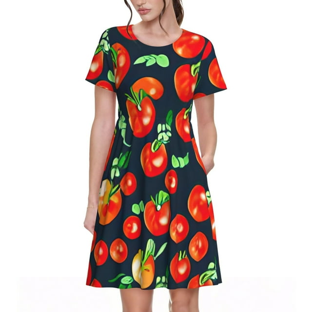 Saiise Robes d'Été à Motif de Tomates pour Femmes, T-Shirt Décontracté à Manches Courtes, Robe de Plage Florale avec Poches