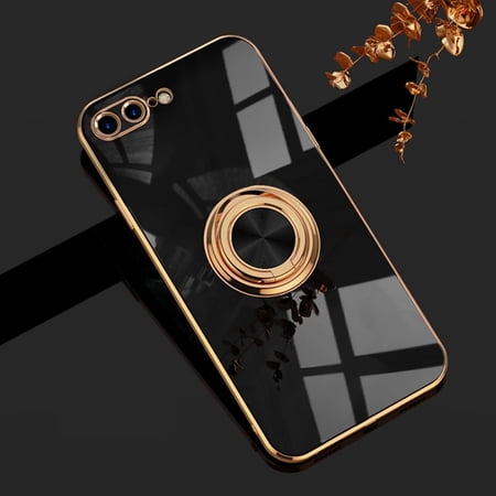 for iPhone 8 Plus/iPhone 7 Plus Case with Ring Holder, 360 Rotatable Magnetic Kickstand Support Car Mount Slim Shockproof for Women Men Protective Phone Case 5.5", Black/Gold