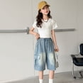thumbnail image 2 of Kids Unisex Elastic Waist Cropped Denim Pants Boys Girls Casual Loose Fit Capri Jeans for School, 2 of 6