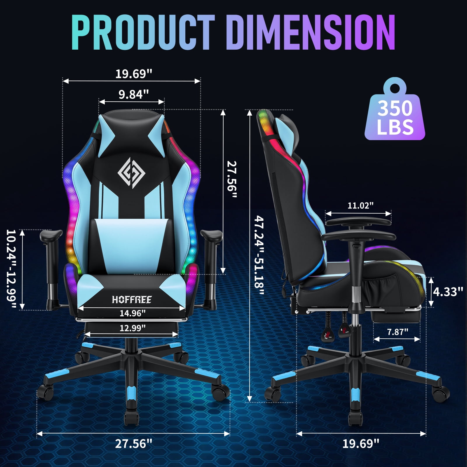 Hoffree LED Gaming Chair for Kids 8-14 Gaming Chairs for Teens with Adjustable Headrest and Lumbar Support Ergonomic PU Leather Kids Gaming Chair with Led Lights