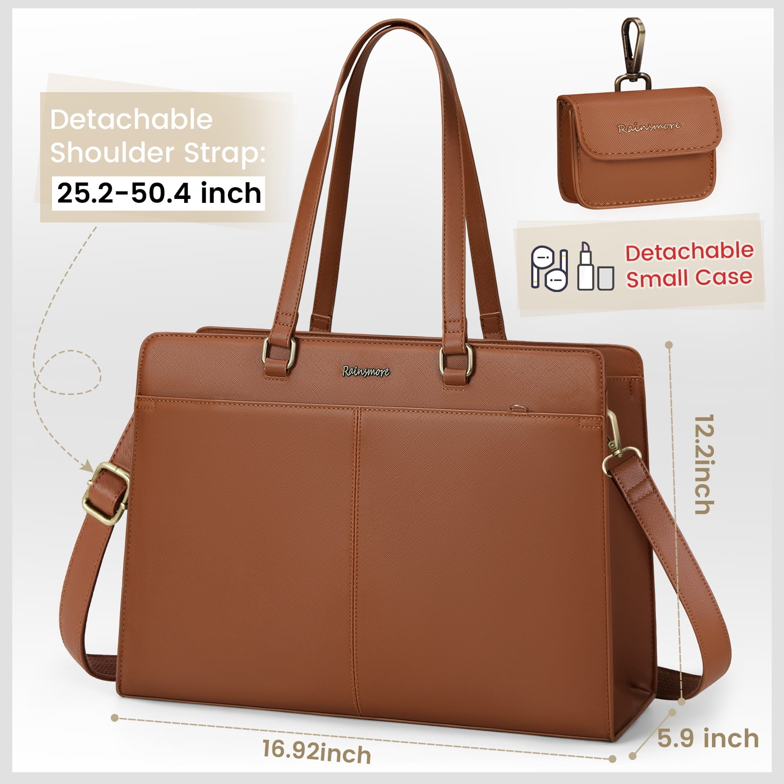 RAINSMORE Laptop Bag for Women 15.7 inch Laptop Tote Briefcase Waterproof Leather Computer Bag Work Tote Bags,Brown