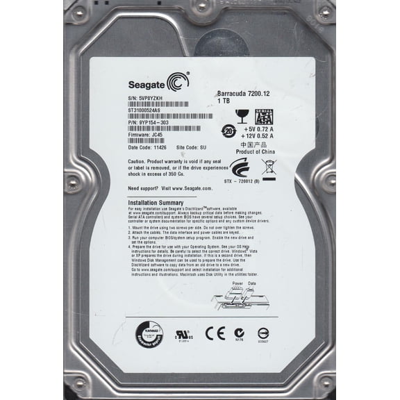 ST31000524AS, 5VP, SU, PN 9YP154-303, FW JC45, Seagate 1TB SATA 3.5 Hard Drive
