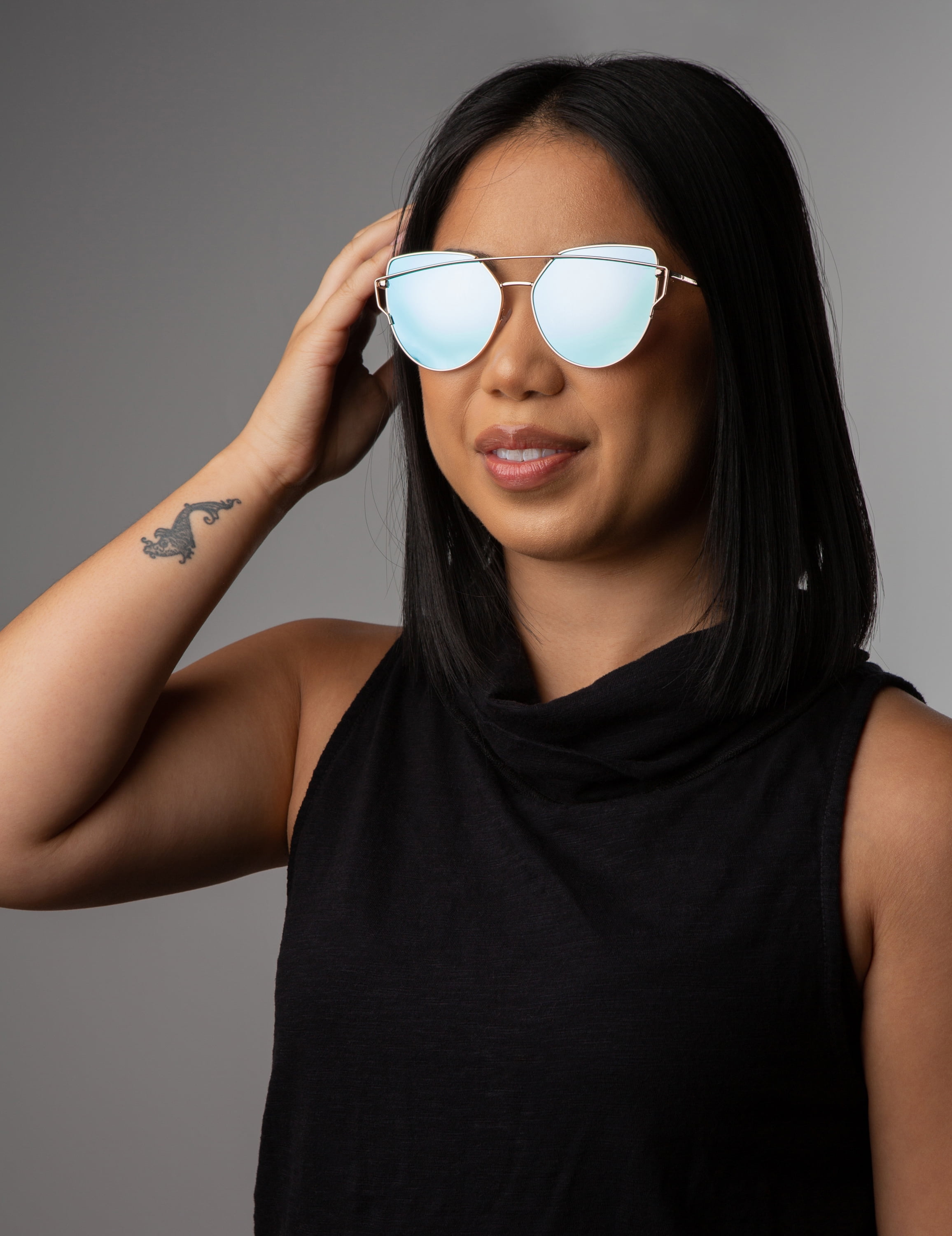 Hershey | Women's Flat Lens Metal Frame Cat Eye Sunglasses Silver - Icy Blue