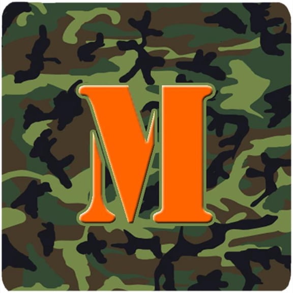 Monogram - Camo Green Foam Coasters, Initial Letter M - Set 4, 3.5 x 3.5 In.