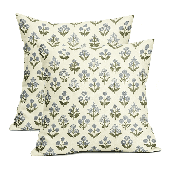 AUQ Blue Green Block Print Pillow Covers 20X20 Inch Set of 2,Vintage Floral Spring Decorative Throw Pillow Cases Boho Cushion Covers Rustic Decoration Gift Farmhouse Sofa Couch Bed Decor