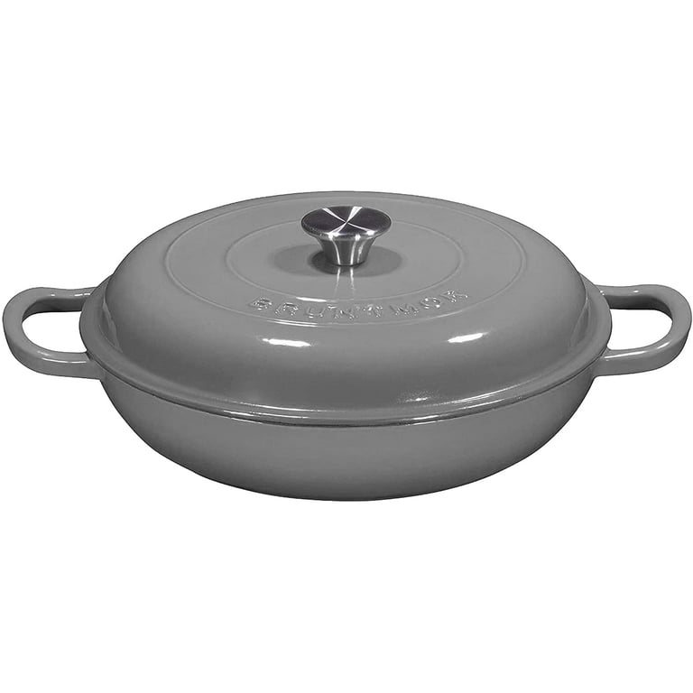 Bruntmor Enameled Cast Iron Braiser with Lid - Dual Handle 3.3 Quart Cast  Iron Braising Pan for BBQ, Fryer, and Camping - Pre-Seasoned Dutch Oven  with Grill Lid - Black 