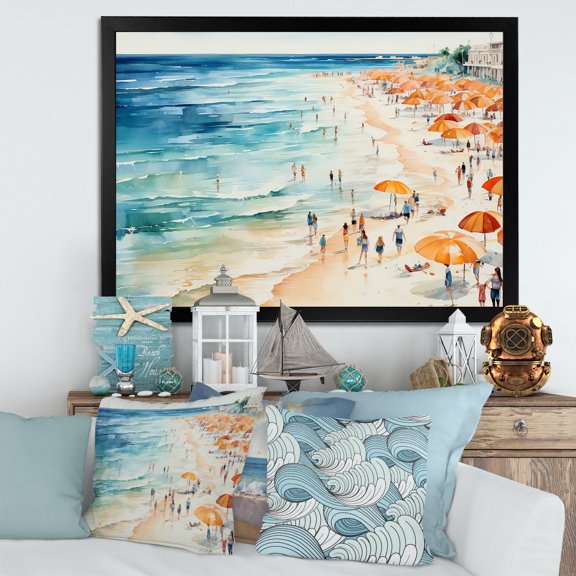 Designart "Parade of Umbrellas on Beach Day V" Beach Framed Wall Art Decor - Coastal Blue Coastal Beach Sand Living Room Framed Canvas Art