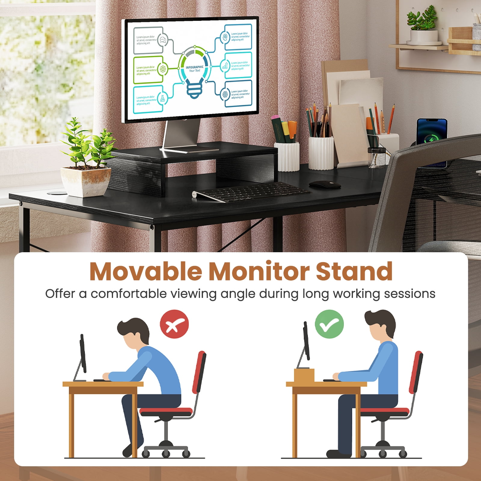 Gymax L-Shaped Reversible Computer Desk 2-Person Long Table w/Monitor Stand Black