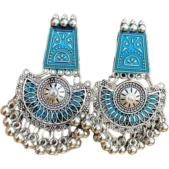Vintage Oxidized Silver Chandelier Earrings, Turquoise Blue Enamel, Traditional Fan Design with Hanging Bells