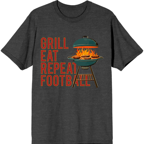 Grill, Eat, Repeat, Football Adult Charcoal Crew Neck Short Sleeve Tee-Medium