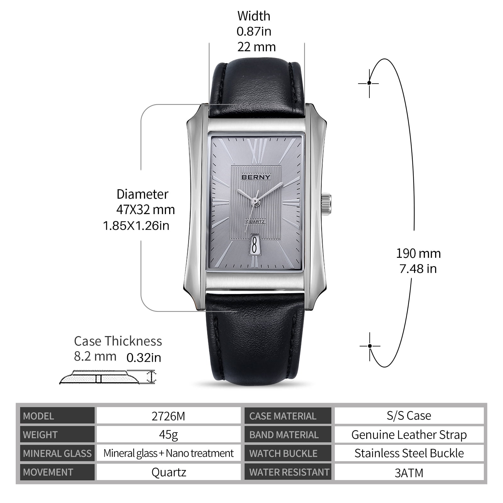 BERNY Men's Leather Watch, Vintage Stainless Steel Rectangular Case Roman Dial Dress Analog Watch with Date Calendar, Waterproof, Classic Business Quartz Wrist Watches for Men (Gray)