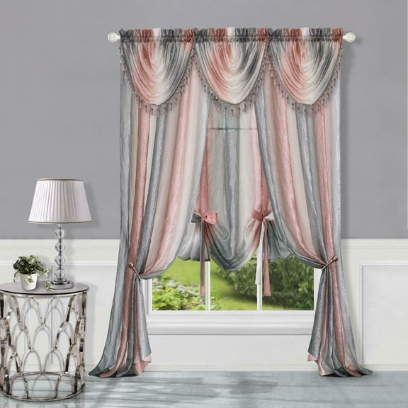 Royal Ombre Crushed Semi Sheer Complete 6 Pc. Window Curtain & Valance Set - Blush/Silver