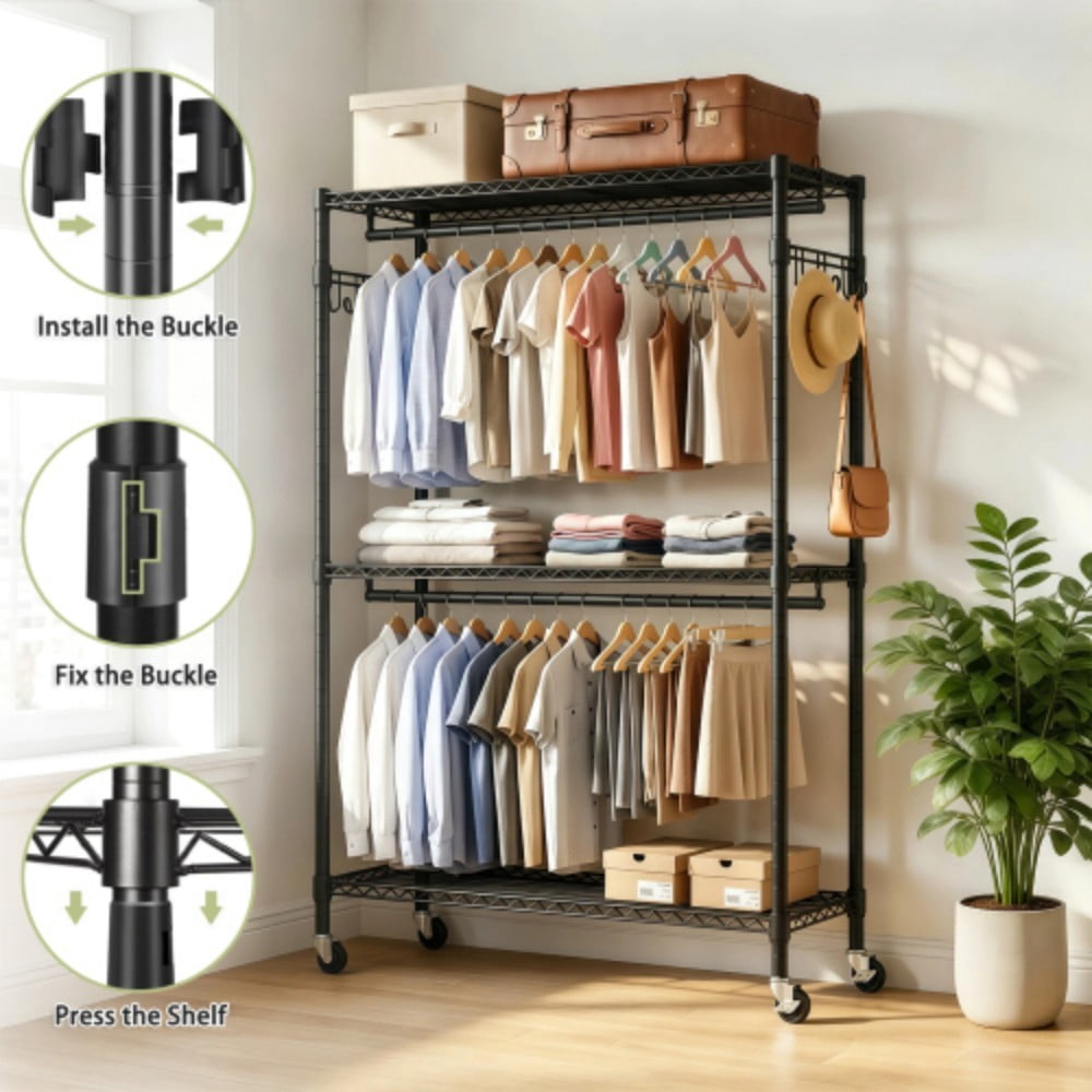 Rolling Clothes Rack, Heavy Duty Garment Rack with Wheels, 3-Tier Adjustable Wire Shelving, 2 Clothes Rods & Side Hooks, Freestanding Metal Clothing Rack, Black