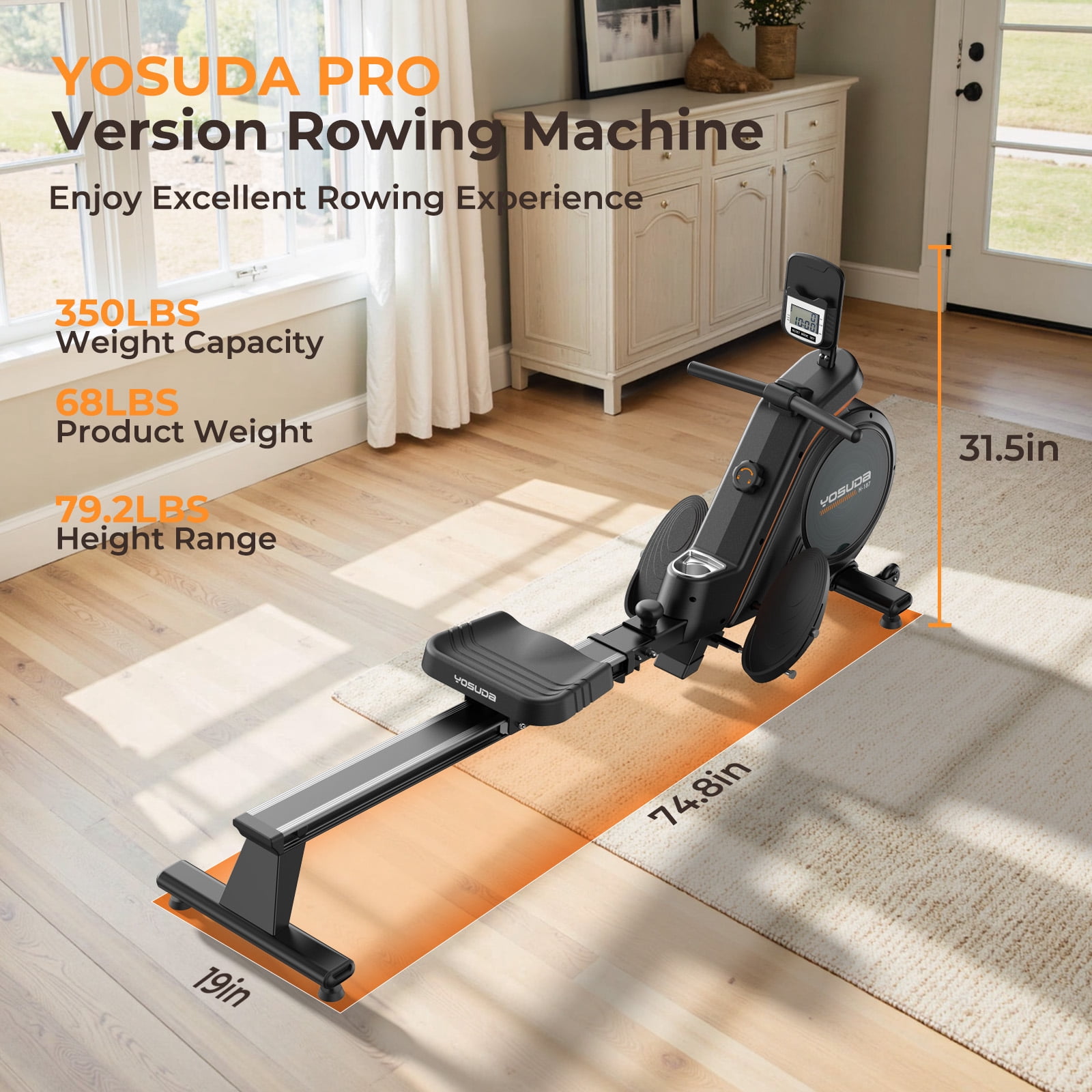 FED Fitness Magnetic Rowing Machine – 350 lbs Capacity, Foldable Home Rower with LCD Monitor, Tablet Holder & Comfortable Seat