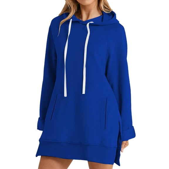 ZQGJB Oversized Tunic Hoodie Tops for Women Fashion Long Sleeve Drawstring Hooded Pullover Sweatshirts Loose Split Hem Long T-Shirts with Pockets Blue XXL