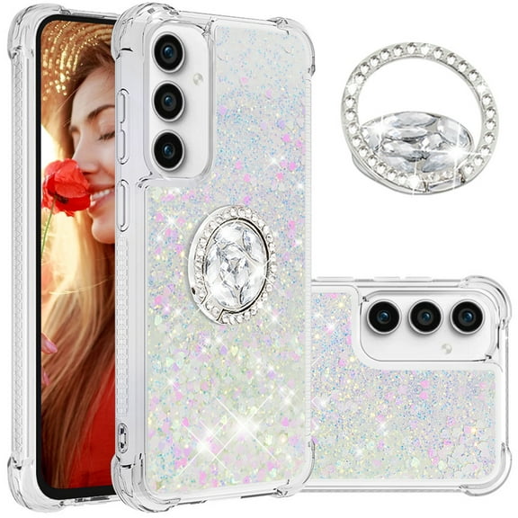 CCSmaller Glitter Clear Sparkly Bling Case for Samsung Galaxy S23 FE (Not S23), Flowing Liquid Quicksand Cover with Diamond Ring Holder Case for Samsung Galaxy S23 FE LSZ Colorful