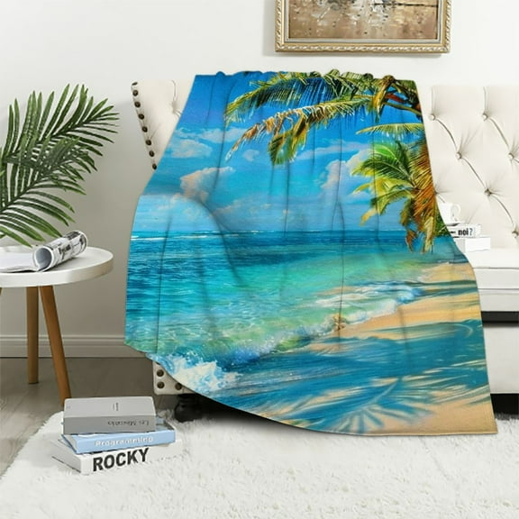 JRXY Ocean Beach Themed Throw Blanket Women Hawaiian Tropical Palm Tree Sherpa Blanket for Bed Couch Blue Sea Plush Blanket Summer Warm Fuzzy Blanket Soft and CozyTwin White