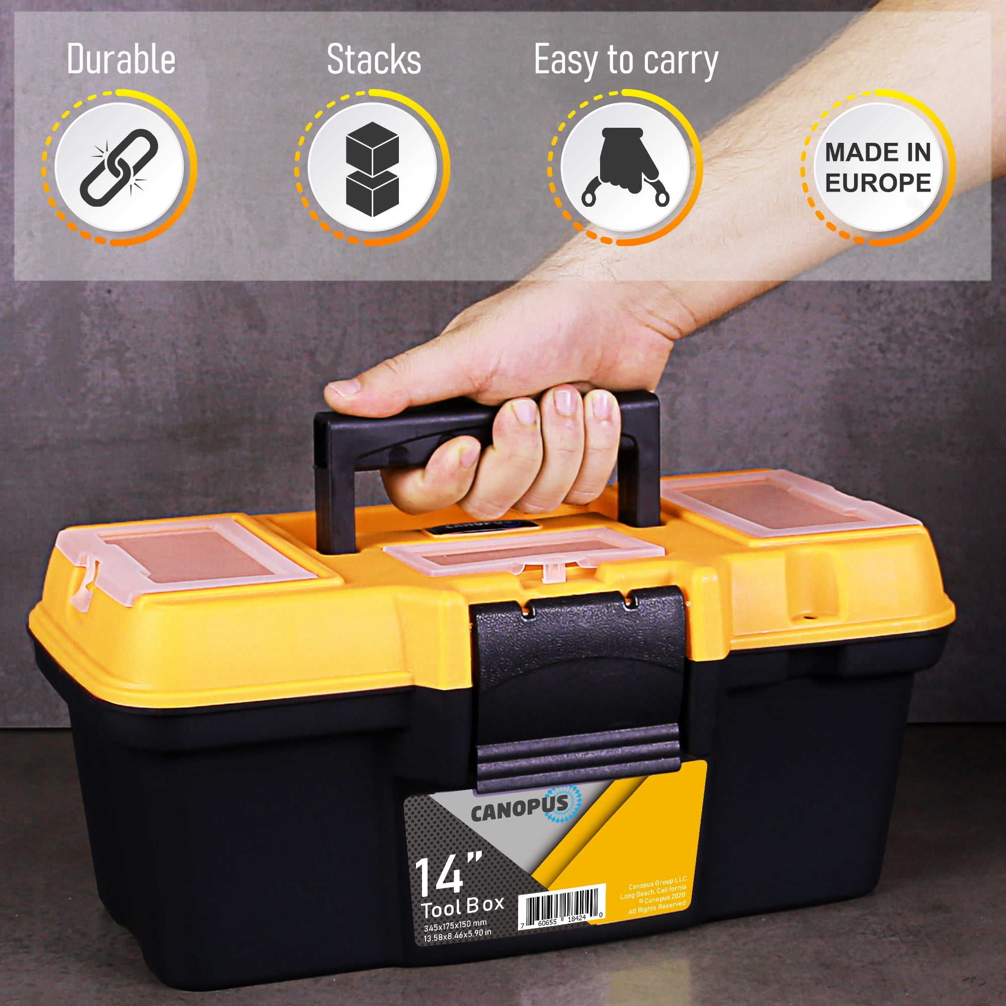 Tool Box Portable 14 Inch with Removable Duty Toolbox with Metal Latch,  Rated Up to 33 Lbs, PP Plastic Small Tool Boxes 
