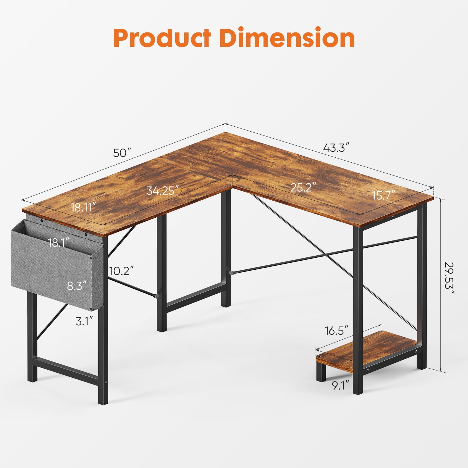 MCQ 49-inch L-Shaped Computer Desk, Corner Table, Game Table, Writing Desk with One Storage Bag for Home Office, Dorm Room, Den, RUST