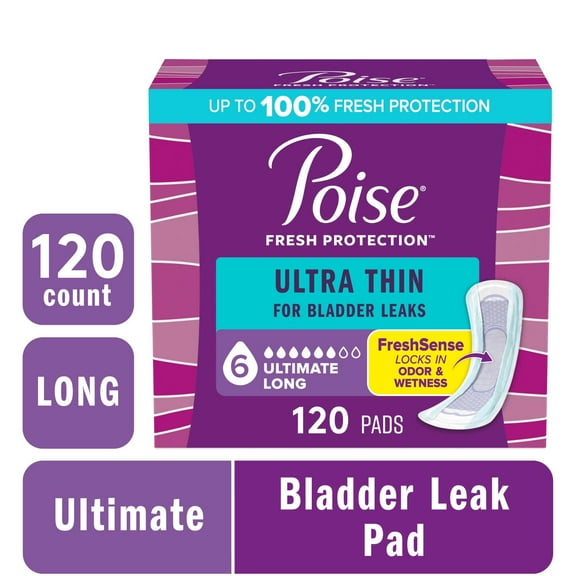 Poise Ultra Thin Incontinence Pads, 6 Drop Ultimate Absorbency, Long Length, 120 Count