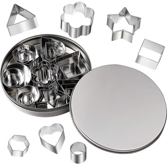 Mini Cookie Cutter Shape Set-24 Small Stainless Steel Metal Stamps,Including: Flower,Heart,Star,Circle,Triangle,Octagon,Square,Oval-cut Fondant and Clay (Tin box)
