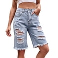 thumbnail image 2 of WPPGONE Denim Bermuda Shorts for Women Knee Length Distressed Holed Straight Leg Frayed Vintage Bottoms Fashion Casual Summer Versatile Jean Shorts with Pockets, 2 of 6