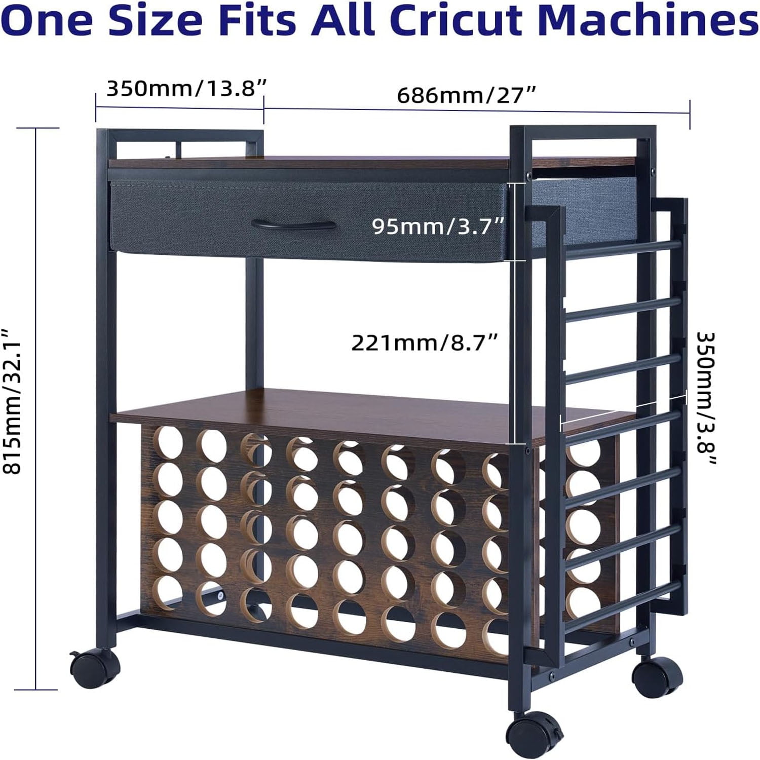 Organizers and Storage Compatible with Cricut Machines Rolling Craft Storage Cart with 47 Vinyl Roll Holders for Craft Rooms Home Removable Patent Protected 001 Black Wood Grain