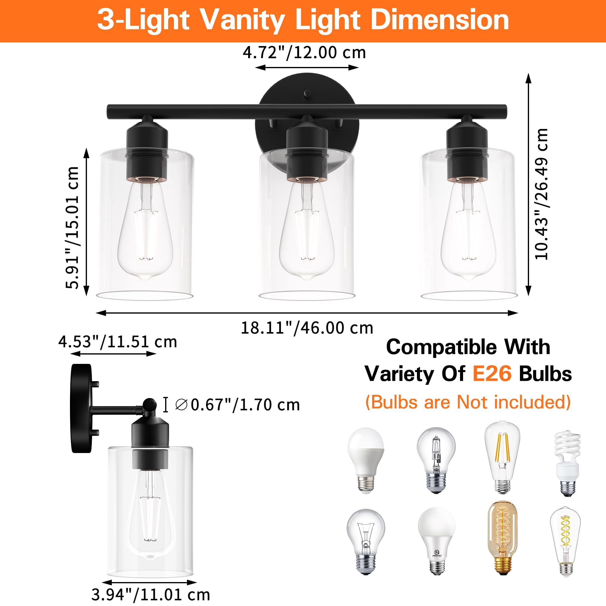 Modern 3 Lights Bathroom Vanity Light Bathroom Lighting Fixture Over Mirror Black Vanity Light,UL Certified Wall Sconces with Glass Shades-Black