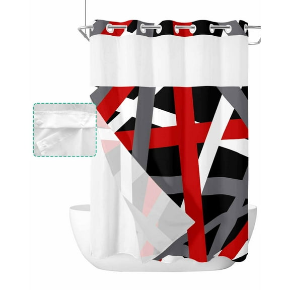 No Hook Shower Curtain with Snap in Liner, Geometric Abstract Red White and Grey Lines Hotel Shower Curtains for Bathroom, Washable Shower Curtain Liner Set with Mesh Top Window, 60"x72"