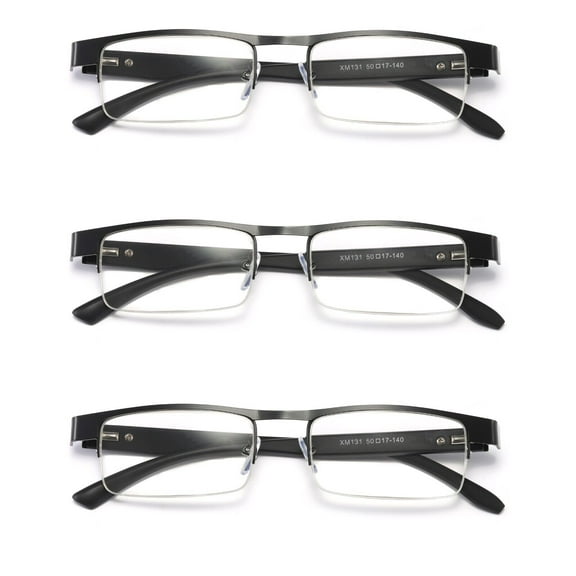 3 Pairs Mens Rectangular Metal Half Frame Reading Glasses Spring Hinge Black Readers 0.75