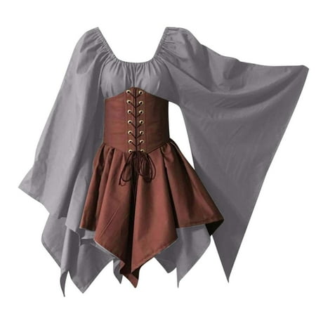 Summer Savings Clearance Deals 2022! Tagold Womens Plus Size Dresses Womens Halloween Dresses Women Costumes Gothic Retro Long Sleeve Corset Dresses Long Sleeve Round-Neck Mid-Calf Dress