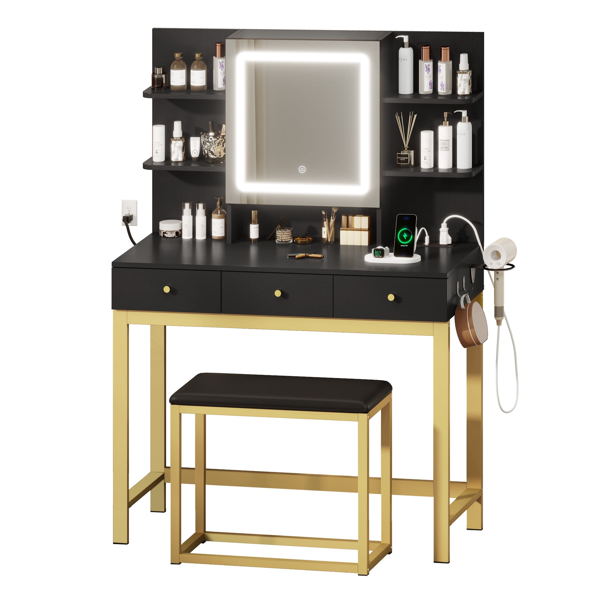 Uforic Makeup Vanity Set with LED Lighted Mirror, Makeup Desk with Drawers & Stool, Vanity Dressing Table with Hidden Storage Shelves, Makeup Dressing Table Set for Girls,Princess, Black
