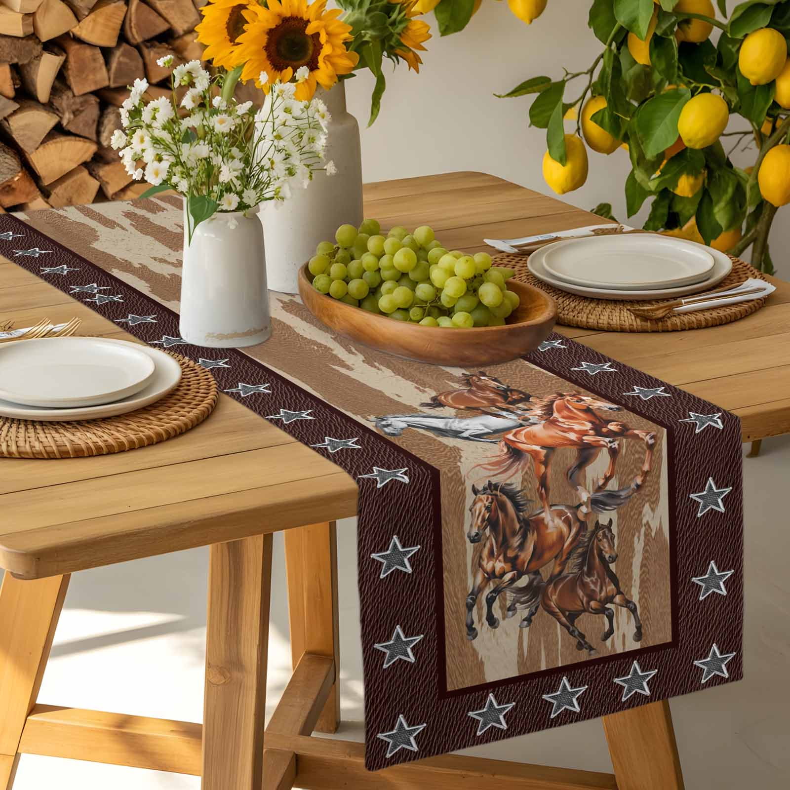 Horses Table Runner, Western Brown White Horse Brown Animal Texture Stars Washable Kitchen Table Runners Dress Scarves for Dining Table Decorations Party, 13x90in