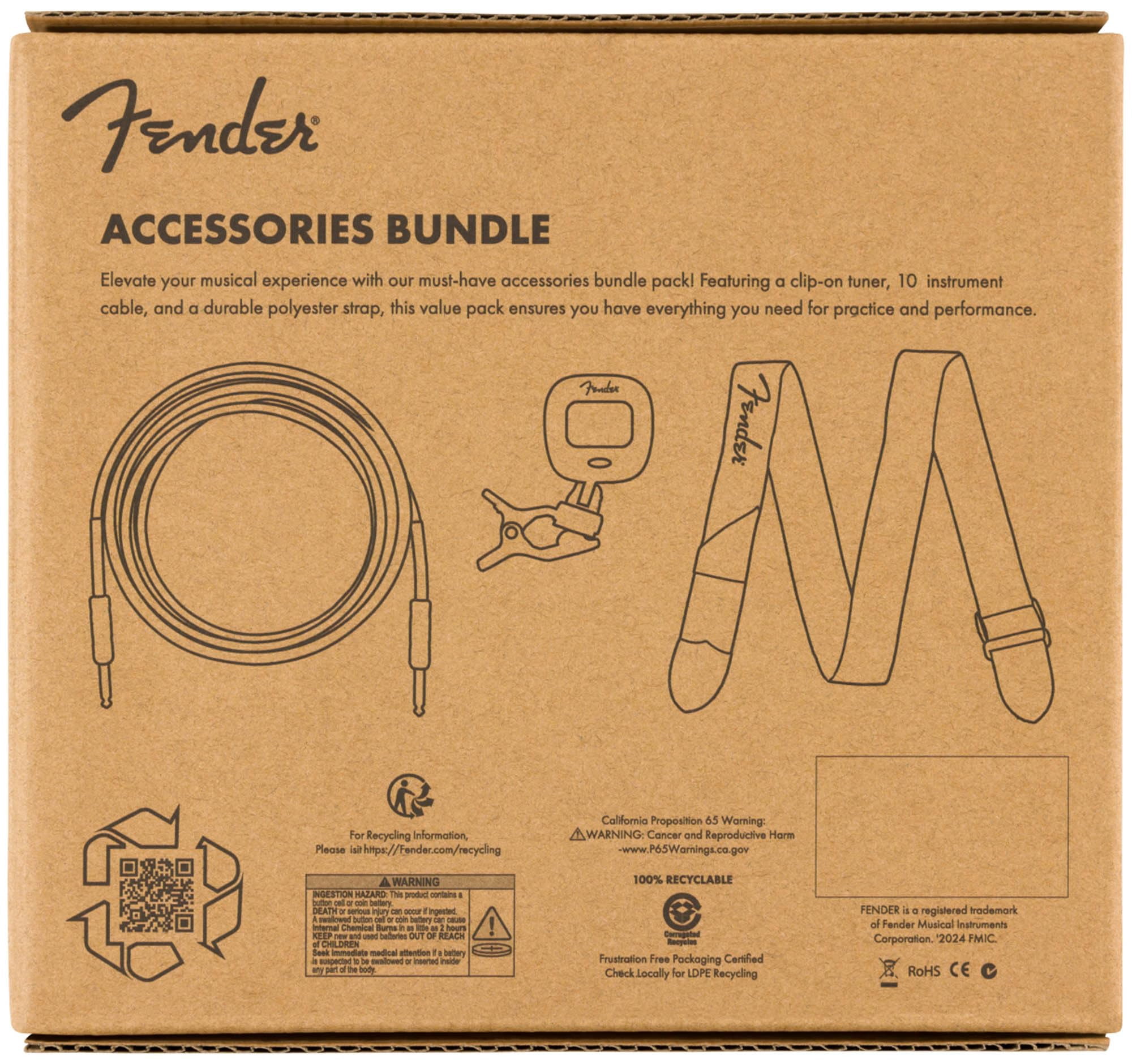 Fender Accessory Essentials Pack Bundle with Instrument Cable, Clip-On Tuner, Guitar Strap, 3-Pack Guitar Picks, and Austin Bazaar Polishing Cloth