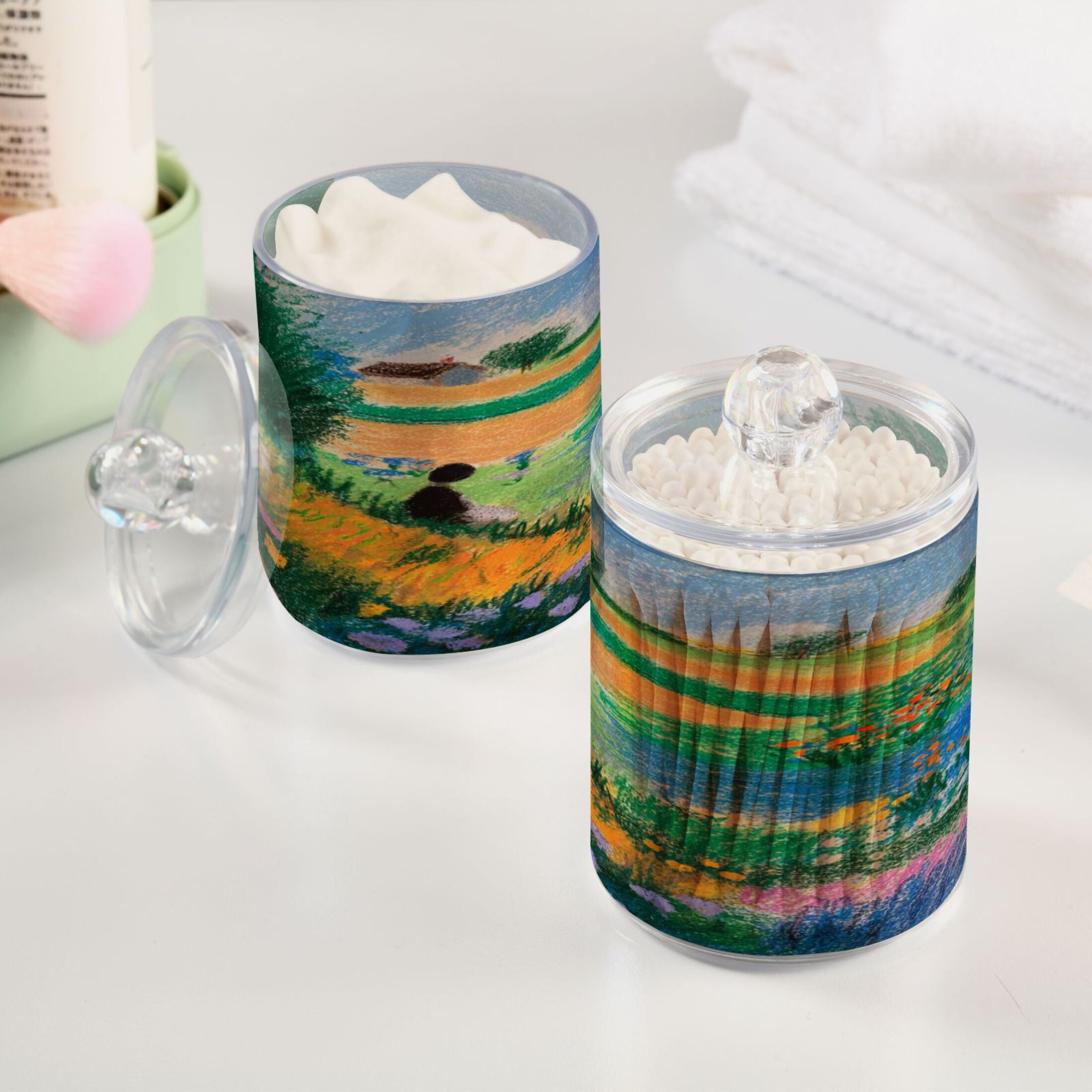 Iauyy 4 pack Transparent Floss Storage Container - Sealed Cotton Pad Can with PS Plastic Lid Dust-Proof for Bathroom Dressing Table,Paintings Drawn with Crayons