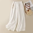 thumbnail image 2 of ANINEO Women Casual Wide Leg Pants With Embroidery Elastic Waist Flowy Straight Hem Summer Versatile Linen Trousers Solid Color Stylish Daily Female Slacks, 2 of 3