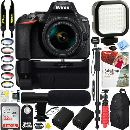 Nikon D5600 24.2MP DX-Format DSLR Camera + AF-P 18-55mm f/3.5-5.6G VR Lens & 32GB Battery Grip & Shotgun Mic Pro Video (Best Dslr Shotgun Mic 2019)