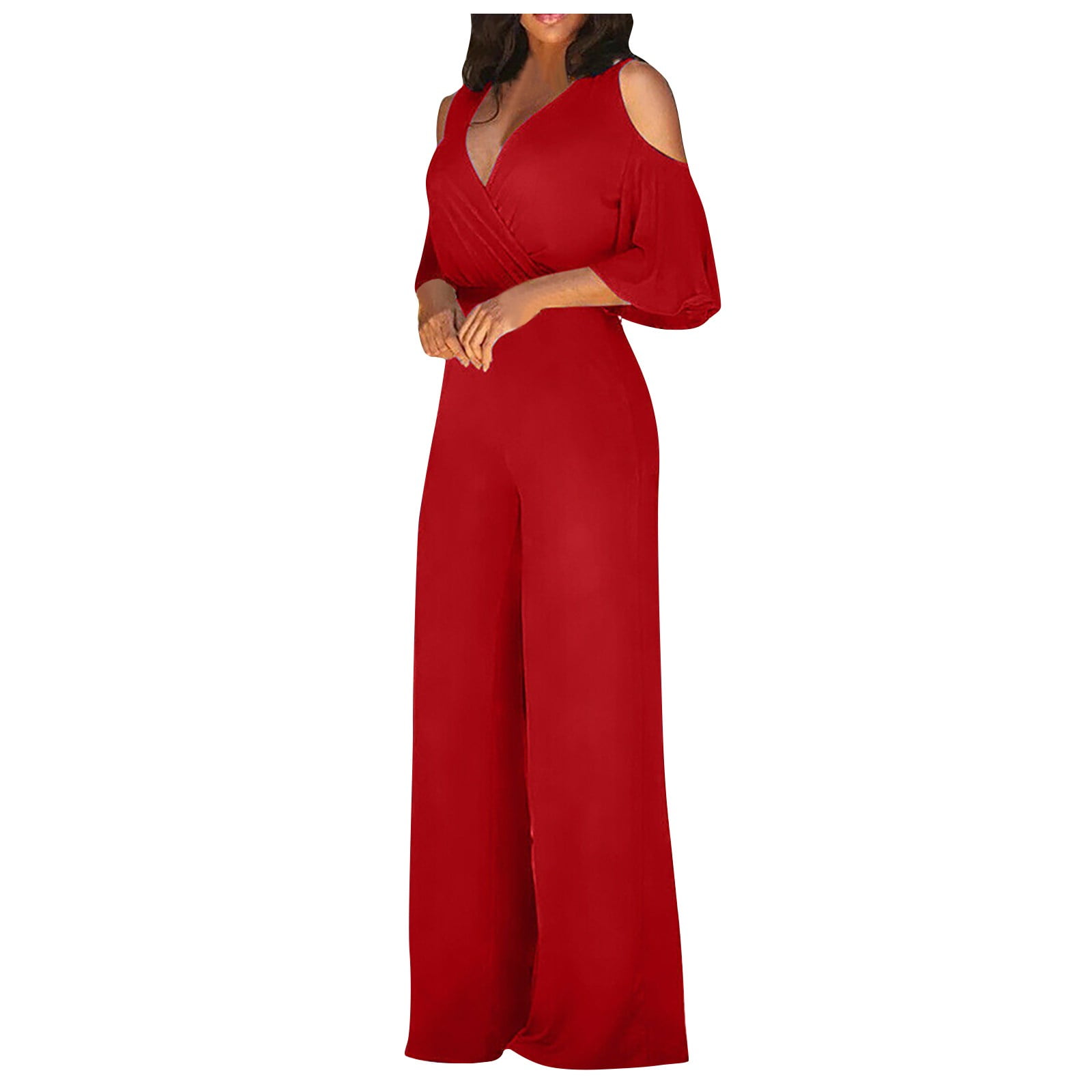 Fashion Women's VNeck Hollow Short Sleeves Casual Long Pants Wide Leg Pants Jumpsuits
