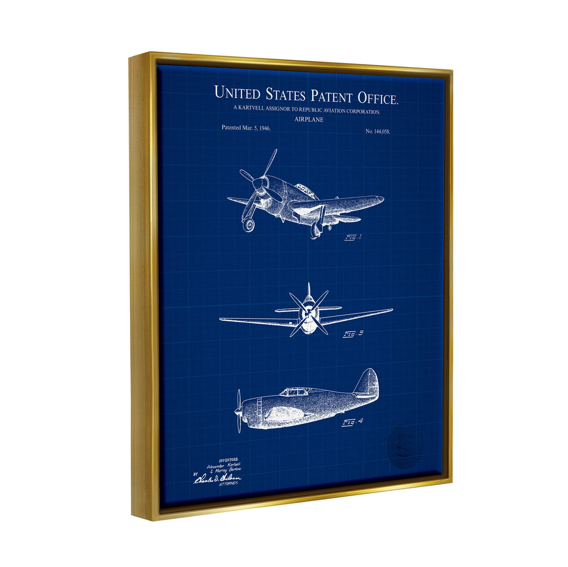 Stupell Industries Airplane Diagram Blueprint Chart Graphic Art Metallic Gold Floating Framed Canvas Print Wall Art, Design by Karl Hronek
