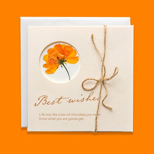 Tarjeta de felicitación de flor prensada seca, tarjeta postal de regalo de ilustración linda, tarjeta de agradecimiento de 15x15CM