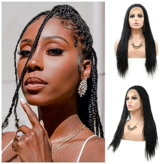 Natural Black African American Box Braided Wigs Synthetic Lace Front Wigs Natural Hairline Heat Resistant Half Hand Tied for Women Cosplay Daily Wear Wigs 20 Inch