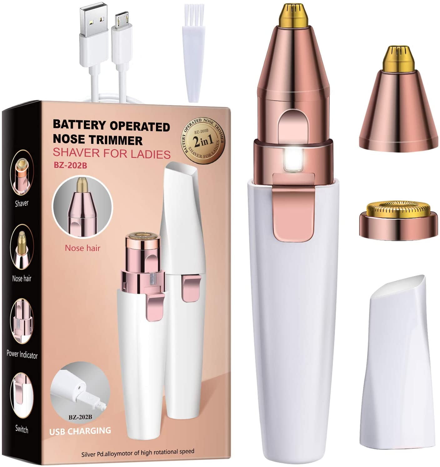 Eyebrow Trimmer Rechargeable, 2 in 1 Eyebrow Hair Shaver Painless Lip Nose Facial Hair Remover Multifunctional Eyebrow Razor with Built-in LED Light for Women Men