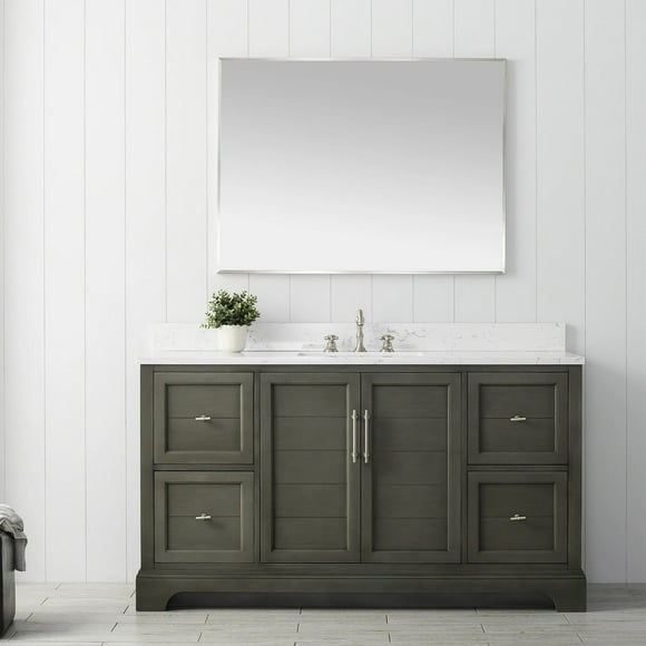 Vanity Art 60 Inch Single Sink Bathroom Vanity with Ceramic Sink and Engineered Marble Top, Without Mirror