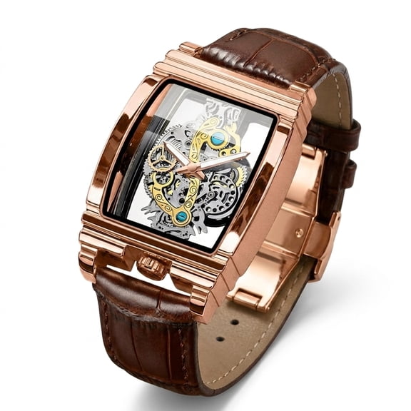 Men's Quartz Skeleton Wrist Watch, Luxury Rose Gold Square Business Dress Watch with Brown Leather Strap