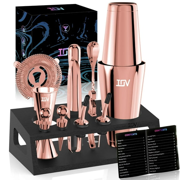 IOV Cocktail Shaker Set: 12-Piece Mixology Bartender Kit Bar Set | 18oz & 28oz Boston Shaker Drink Mixing Tools for Home with Recipe Booklet and Stand | Fun Housewar