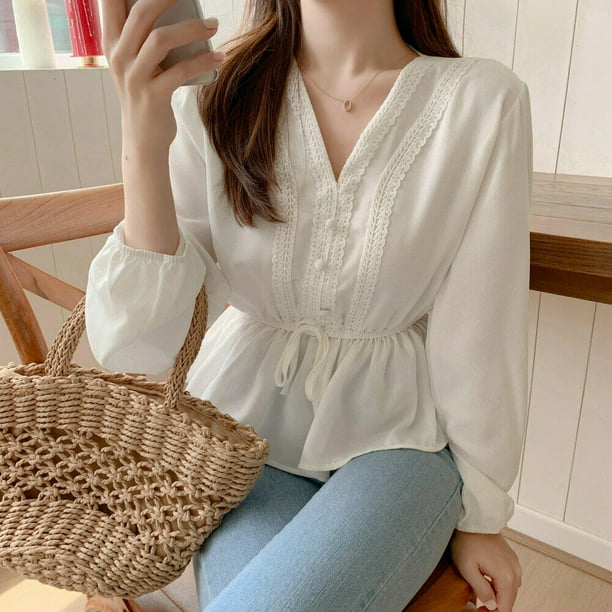 Blusa blanca con cuello en V fajas para mujer ropa para mujer camisa de manga larga de encaje de otono 2021 Zhivalor HMHZ1822 4 Walmart en linea